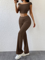 Chocolate ribbed off-shoulder crop top and flare pants co-ord set