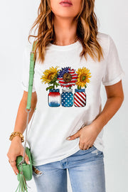 White graphic tee with patriotic sunflowers in mason jars, casual short sleeves.