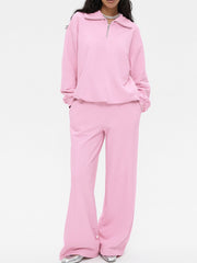 Blush pink quarter zip long sleeve top and wide leg pants set with collared neckline