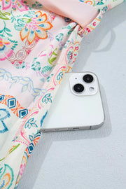 Floral patchwork mini dress with belt, 3/4 sleeve, button-down, cheerful print