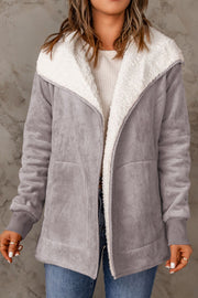 Gray suede-effect jacket with sherpa collar and cuffs, open front.