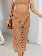 Sheer Crochet Knit Swim Cover-up Skirt With Fringe in White, fabric detail