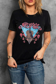 Black t-shirt with Nashville guitar and roses graphic print