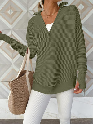 Moss ribbed knit pullover with funnel neck and quarter zip, long sleeves with thumbholes.
