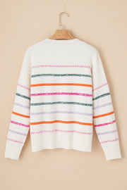 White ribbed knit pullover sweater with colorful horizontal stripes and crew neck.