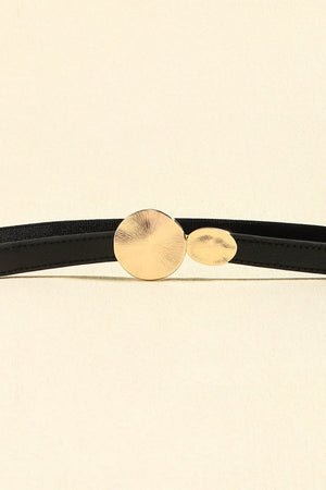 Black elastic waist belt with gold disc detail buckle