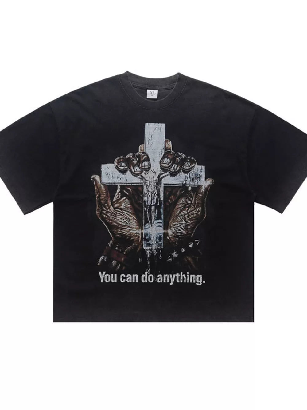 Men's black graphic t-shirt with cross and hands, crew neck, cotton, acid wash.