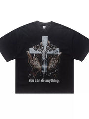 Men's black graphic t-shirt with cross and hands, crew neck, cotton, acid wash.