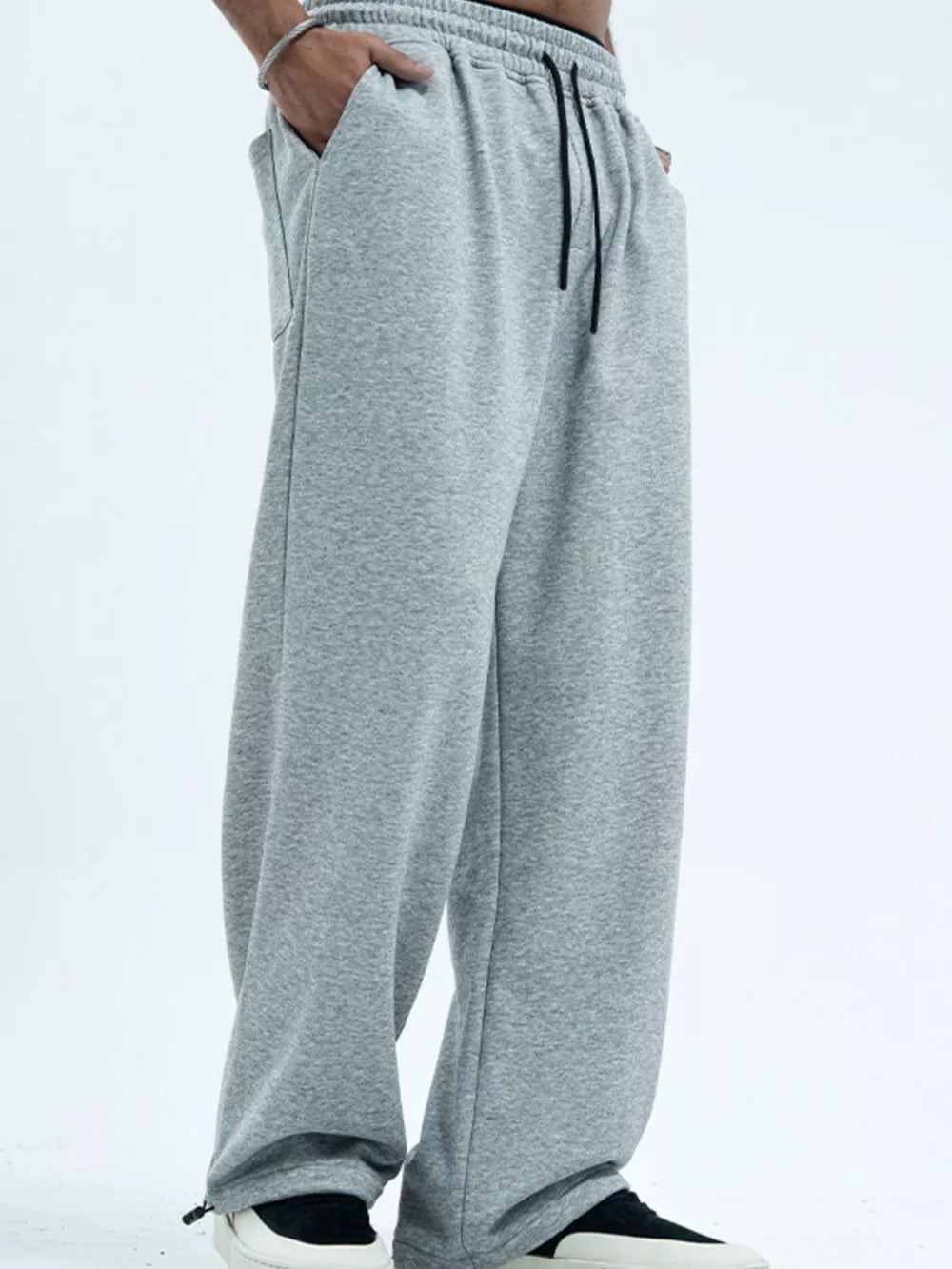 Men's Drawstring Wide Leg Pants in Gray, close-up detail