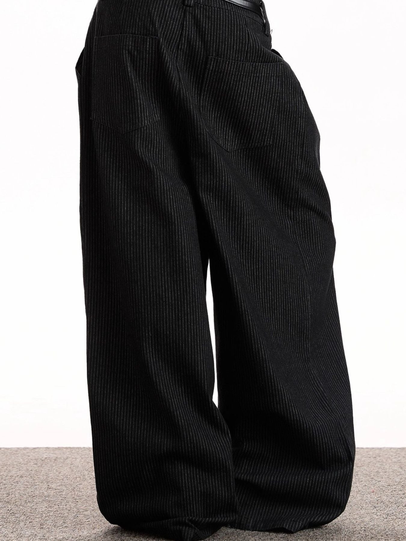 Men's black pinstripe wide-leg sweatpants with a comfortable casual fit.