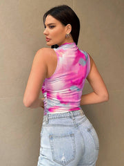 Sleeveless mock neck top with pink and blue tie-dye and side ruching.
