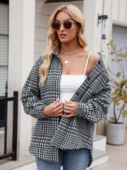 Oversized black gingham shirt jacket with button front and chest pocket, worn open over a white cami.