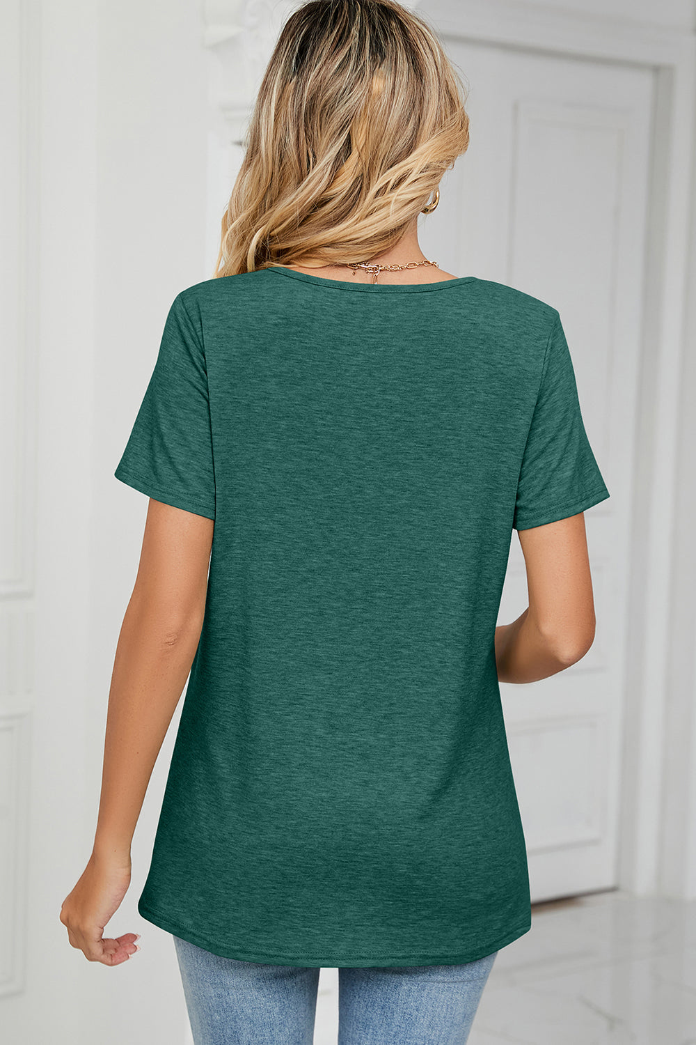 Dark Green Ruched V-Neck Jersey Tee with short sleeves and a relaxed fit.