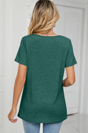 Dark Green Ruched V-Neck Jersey Tee with short sleeves and a relaxed fit.