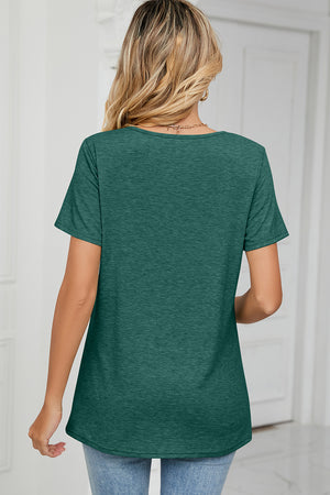Dark Green Ruched V-Neck Jersey Tee with short sleeves and a relaxed fit.