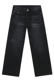 Wide leg distressed denim jeans in dark wash with whiskering detail.