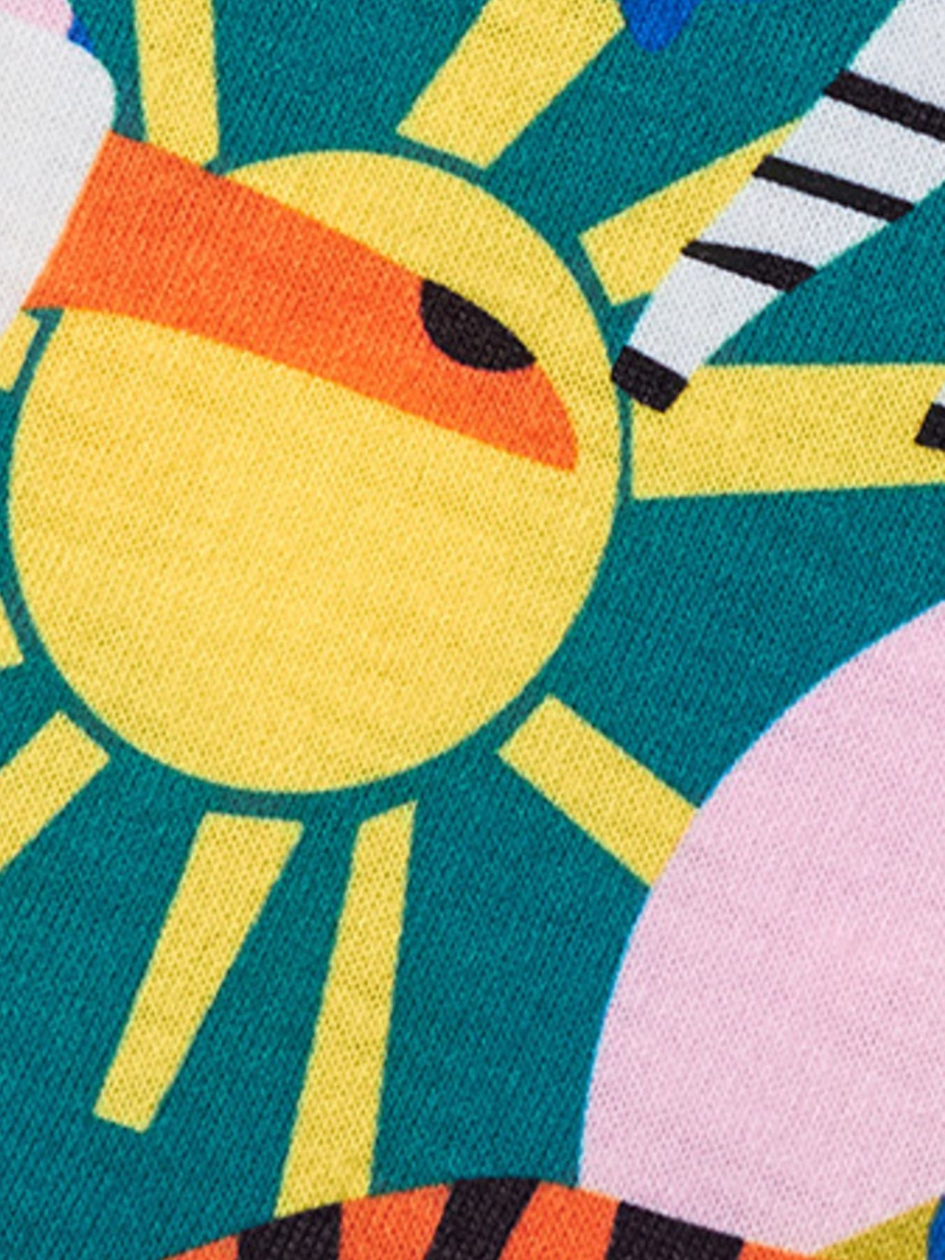 Toddler dress with playful jungle print, featuring a yellow sun, teal background, and pink accents.