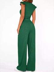 Green ruffled cap sleeve maternity jumpsuit with wide leg pants