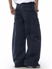 Men's dark navy cargo sweatpants with multiple pockets and a relaxed fit.