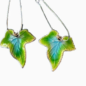 Verdant enamel ivy drop earrings in green and blue, botanical leaf design.