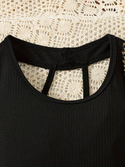 Black ribbed baby outfit with cutout neckline detail and chain strap accent