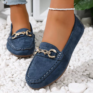 Comfortable Flat Loafers With Buckle in Dark Blue, side view