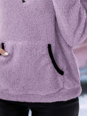 Purple fleece quarter zip pullover with black trim on pocket.
