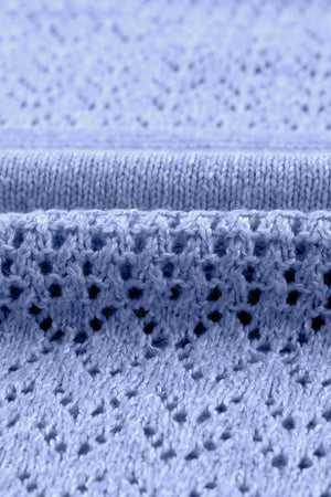 Light blue perforated knit pullover sweater with V-neck detail