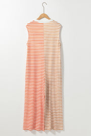 Sleeveless colorblock stripe jumpsuit with orange and tan stripes.