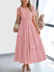 Dusty Pink ruched V-neck tiered midi dress with smocked waist and short sleeves.