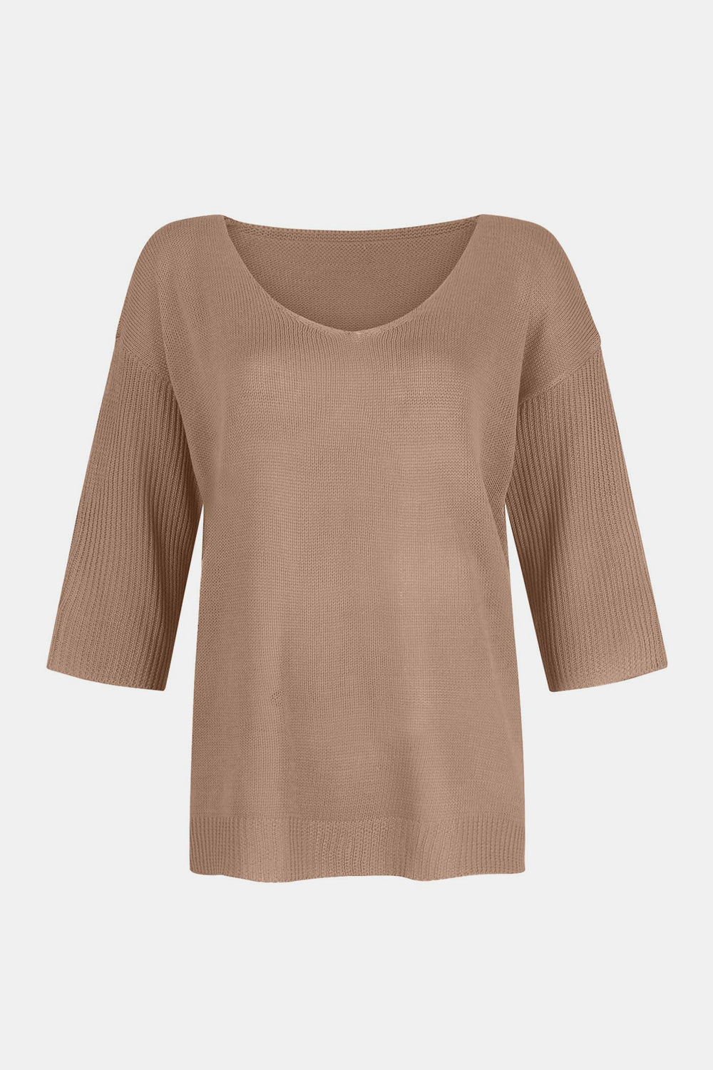Tan knit sweater with V-neck and flared 3/4 sleeves.