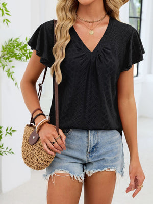 Black lace flutter sleeve v-neck t-shirt with ruched detail