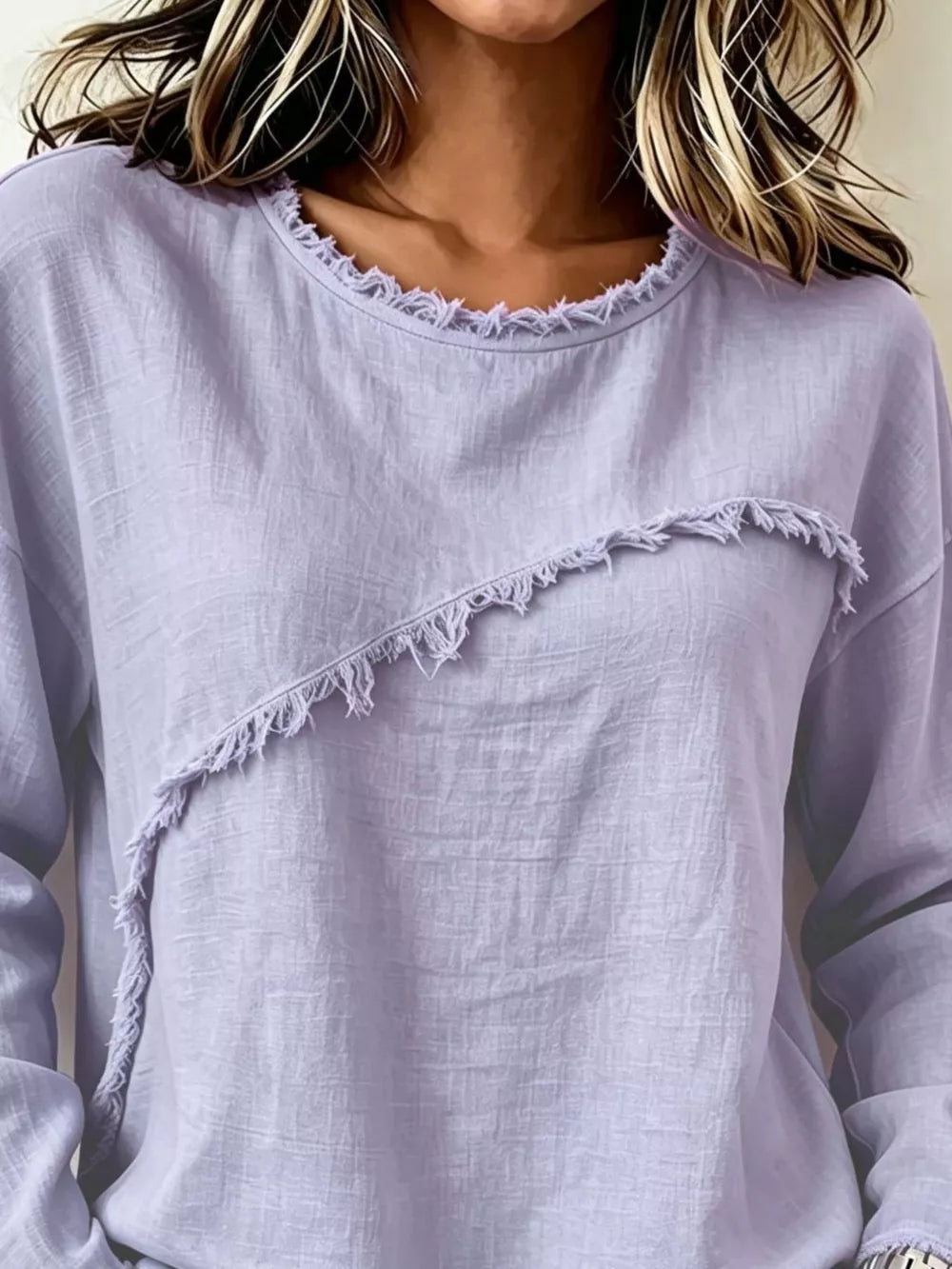 Frayed Hem Dropped Shoulder Blouse in Blush Pink, fabric detail
