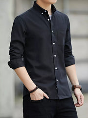 Black cotton button-down casual shirt with chest pocket and white buttons.