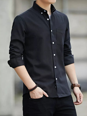 Black cotton button-down casual shirt with chest pocket and white buttons.