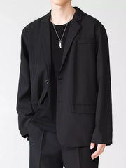 Men's black lapel collar button up blazer with two button closure and flap pockets.