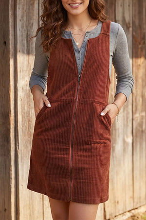 Ribbed Corduroy Zip-up Sleeveless Sheath Dress, back view