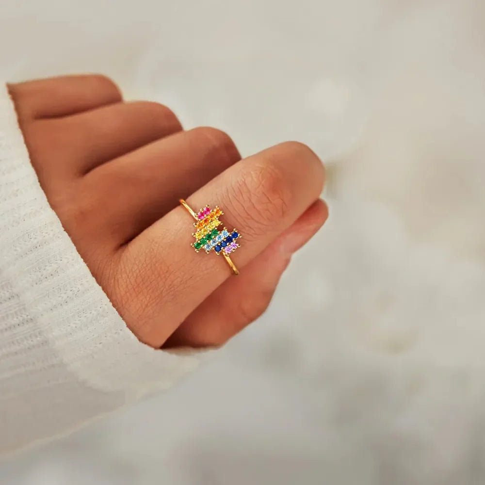 Gold ring with pixel heart rainbow design, 18K gold-plated
