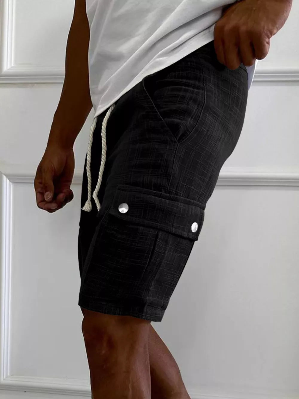 Men's Full Size Drawstring Casual Cargo Shorts in Light Gray, editorial view