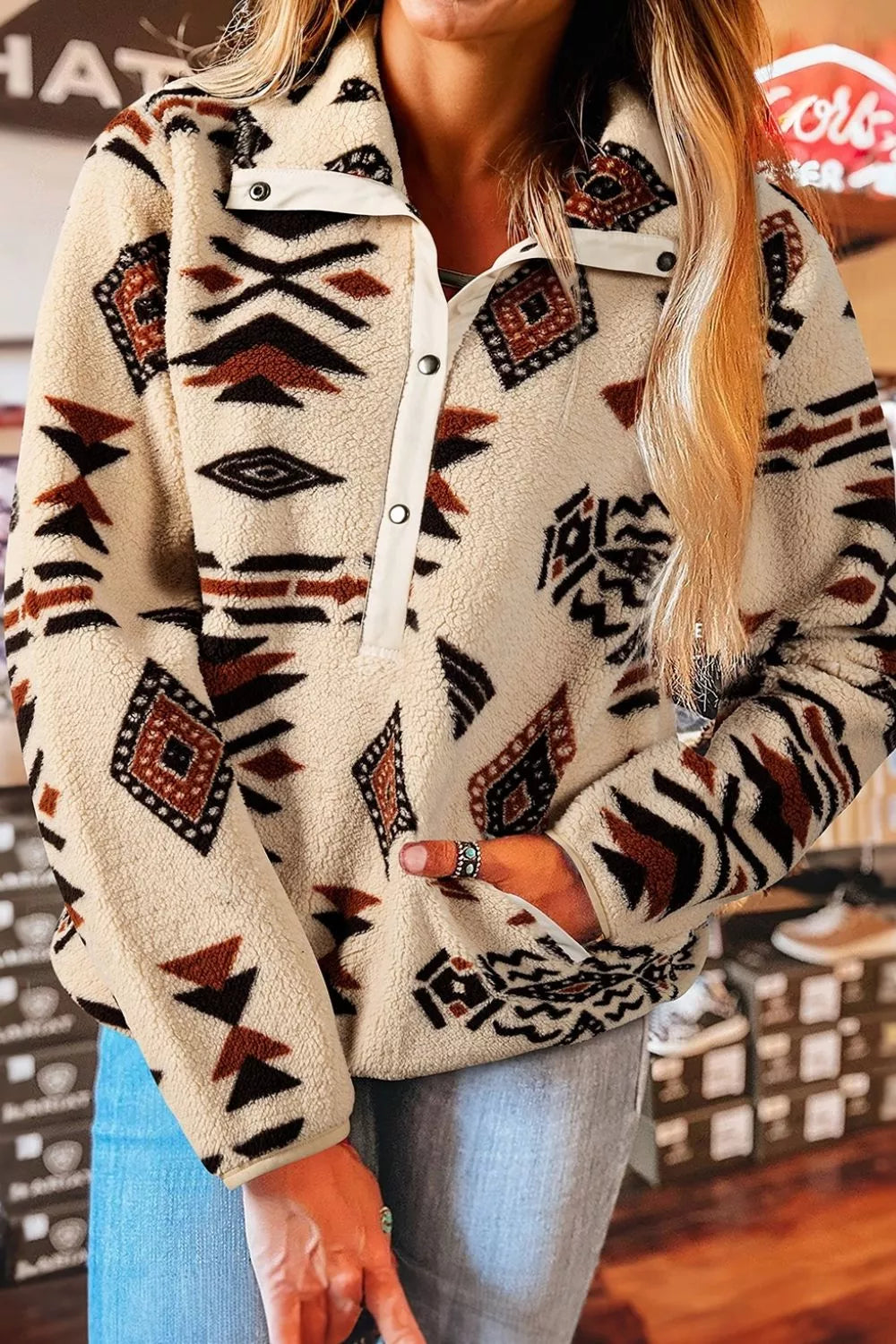Aztec Print Fleece Snap Down Sweatshirt in Black, back view