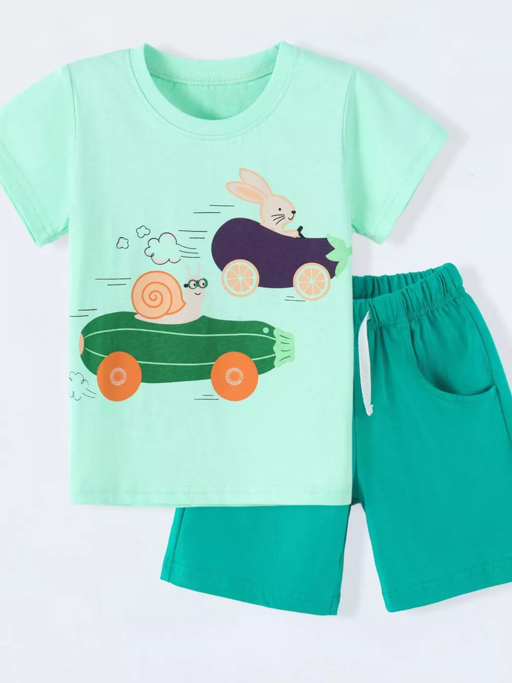 Children's Animal Race Round Neck Tee And Shorts Set, side view