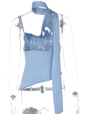 Light blue asymmetrical neckline ruched cami top with a draped scarf detail.