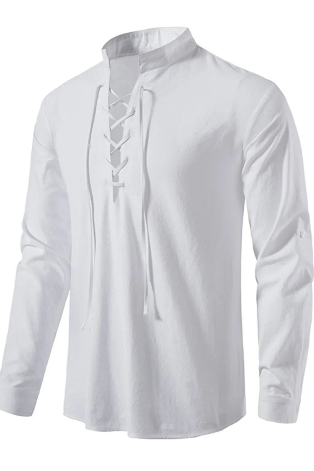 White linen henley shirt with lace-up collar and long sleeves