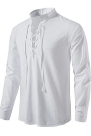 White linen henley shirt with lace-up collar and long sleeves