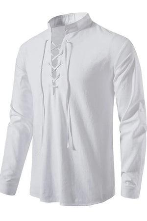 White linen henley shirt with lace-up collar and long sleeves