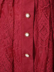 Red lace midi dress with ornate pattern and button placket detail