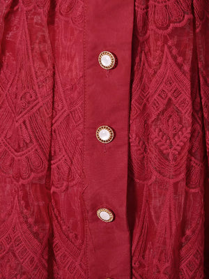 Red lace midi dress with ornate pattern and button placket detail