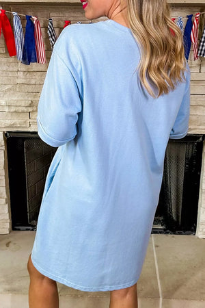 Light blue cotton blend t-shirt dress with short sleeves and a casual fit.