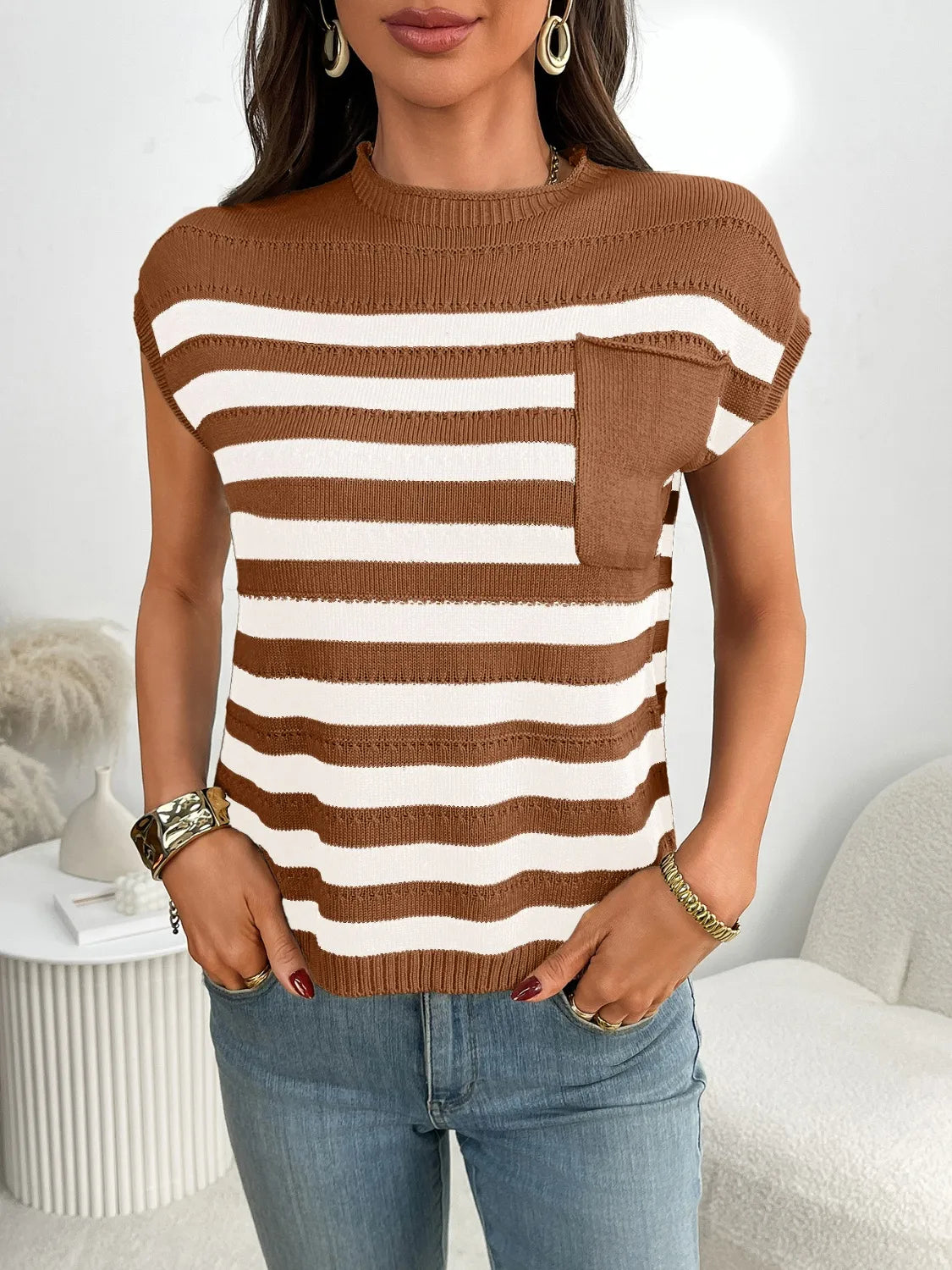 Striped knit t-shirt in caramel and white with a chest pocket and mock neckline.