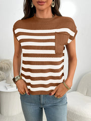 Striped knit t-shirt in caramel and white with a chest pocket and mock neckline.